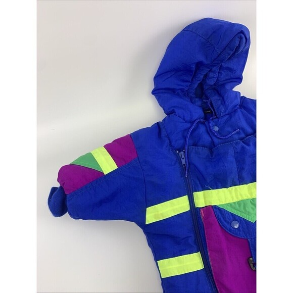 Alpine Way Vintage Baby Snowsuit Full Zip Hooded Blue Purple Neon Nylon 12 Month - Picture 2 of 15